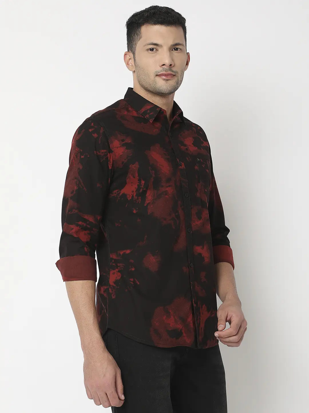 Spykar Men Wine Cotton Slim Fit Printed Shirt