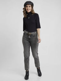 Spykar Women Black Blended Slim Fit 3/4th Sleeve High Neck Plain Crop Tshirt
