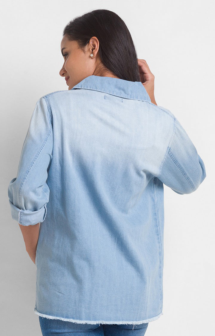 Spykar Ice Blue Cotton Full Sleeve Plain Shirt For Women