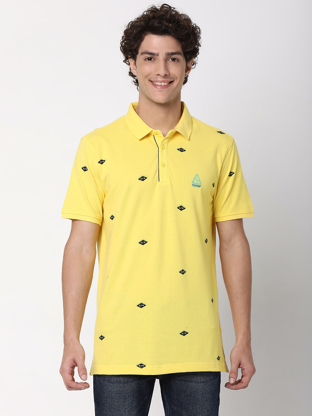 Spykar Men Pastel Yellow Cotton Printed Casual Polo Tshirt