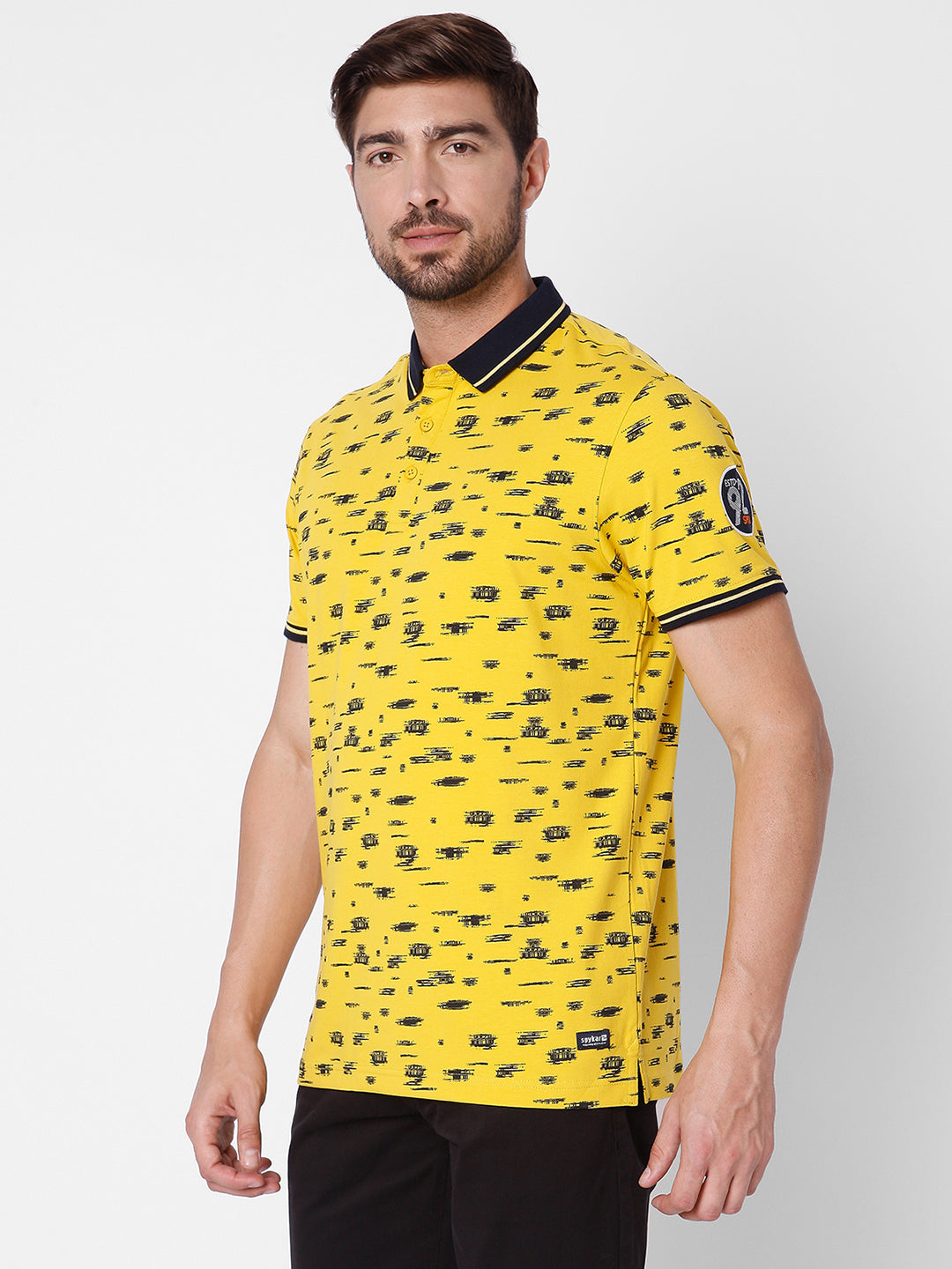 Spykar Men Yellow Cotton Slim Fit Polo T-Shirt