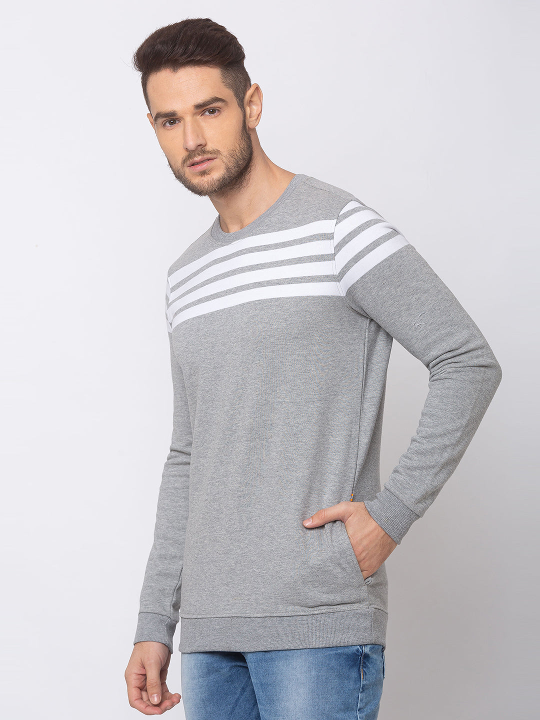 Spykar Grey Melange White Blended Slim Fit Sweatshirt For Men