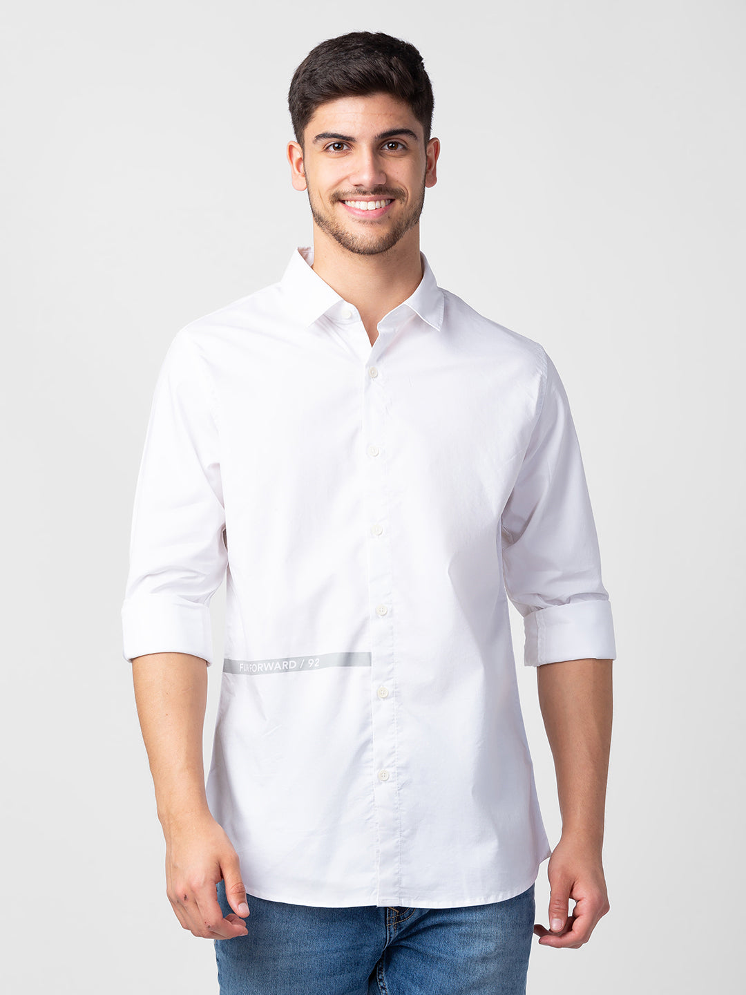 Spykar Men White Cotton Slim Fit Plain Shirt