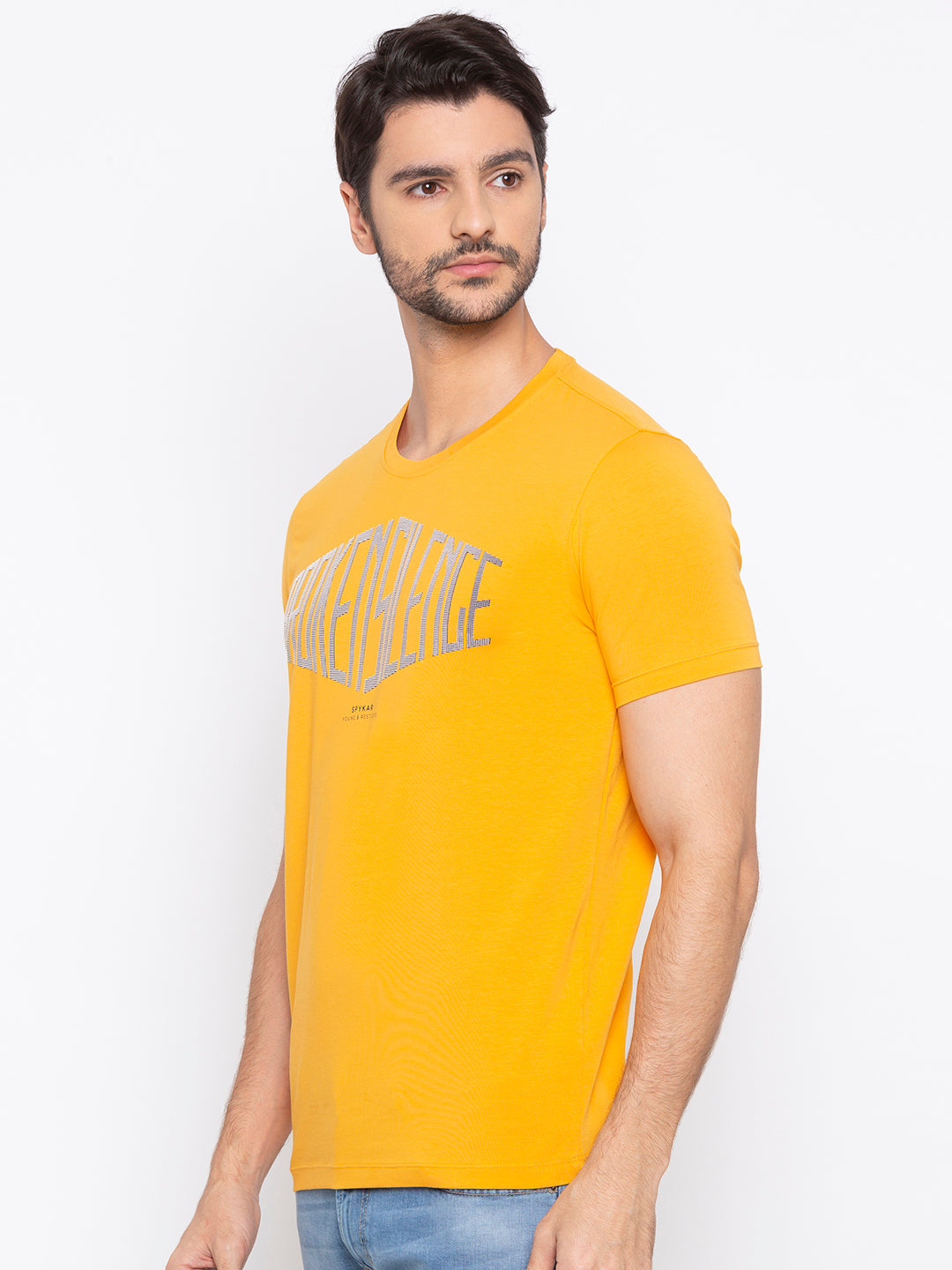 Spykar Men Yellow Cotton Slim Fit Round Neck T-Shirt