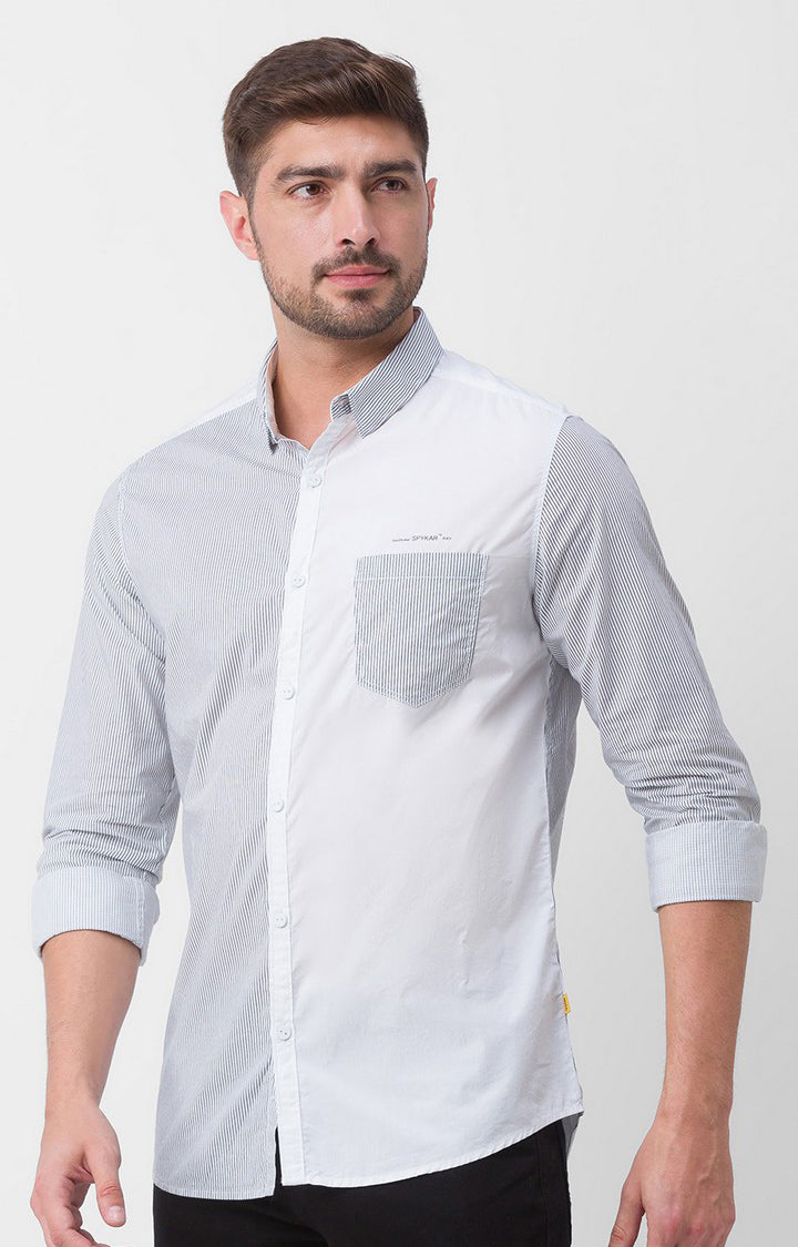 Spykar White Cotton Full Sleeve Stripes Shirt For Men