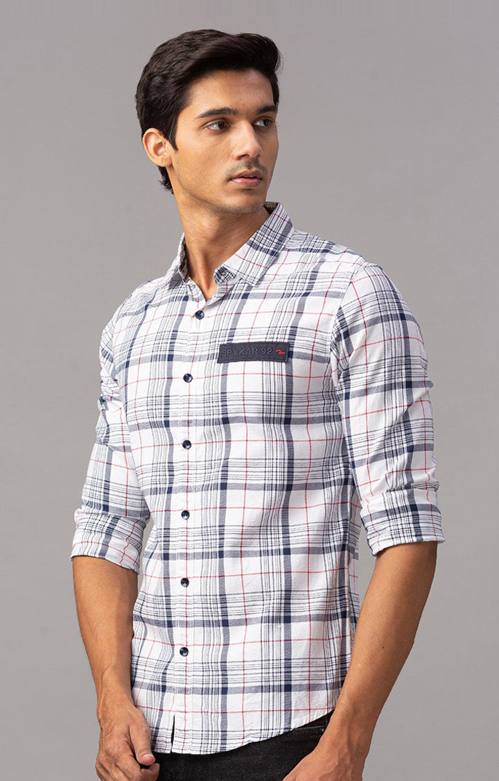 Spykar Men White Cotton Slim Fit Full Sleeve Checkered Shirt