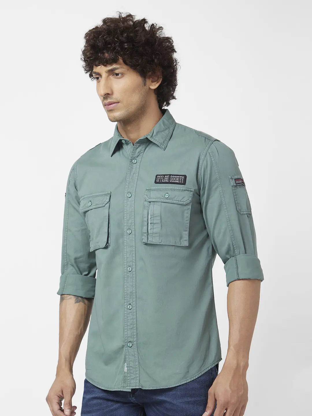 Spykar Men Military Green Twill Regular Slim Fit Full Sleeve Denim Shirt