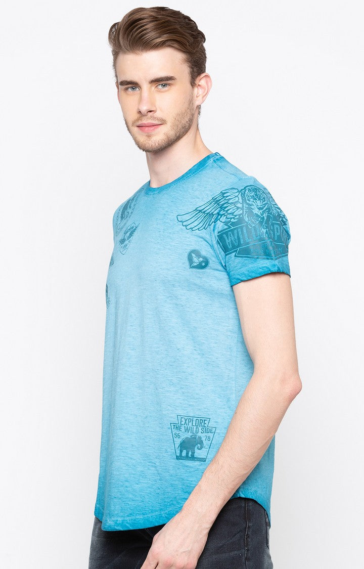 Spykar Blue Printed Slim Fit Men T-Shirts