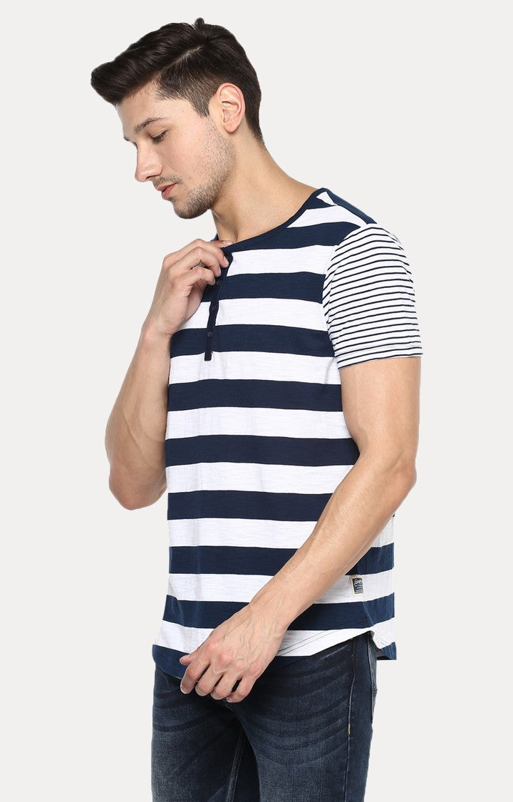 Spykar Navy Blue Striped Slim Fit Men T-Shirts