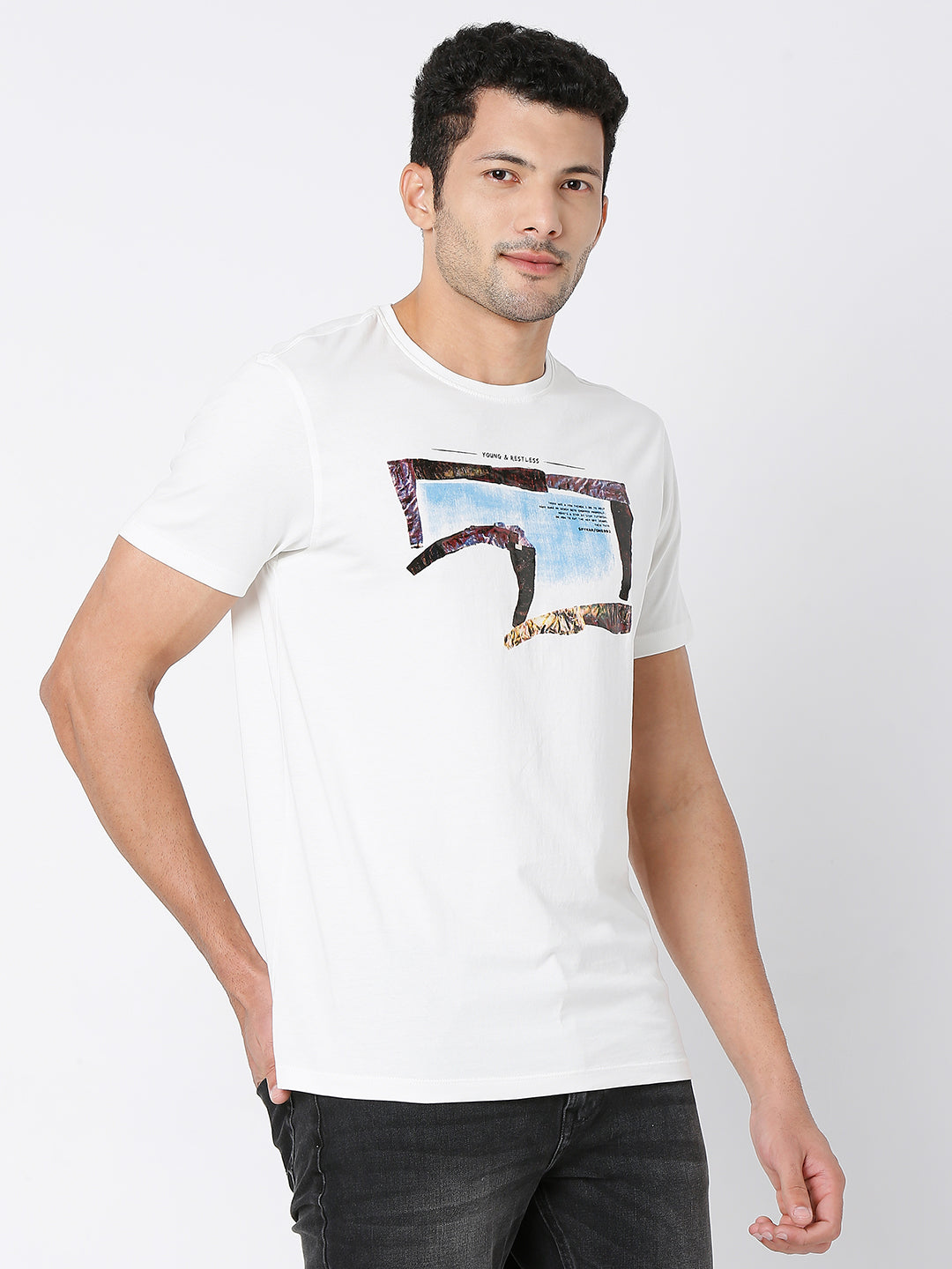 Spykar Off White Cotton Half Sleeve Printed Casual T-Shirt For Men