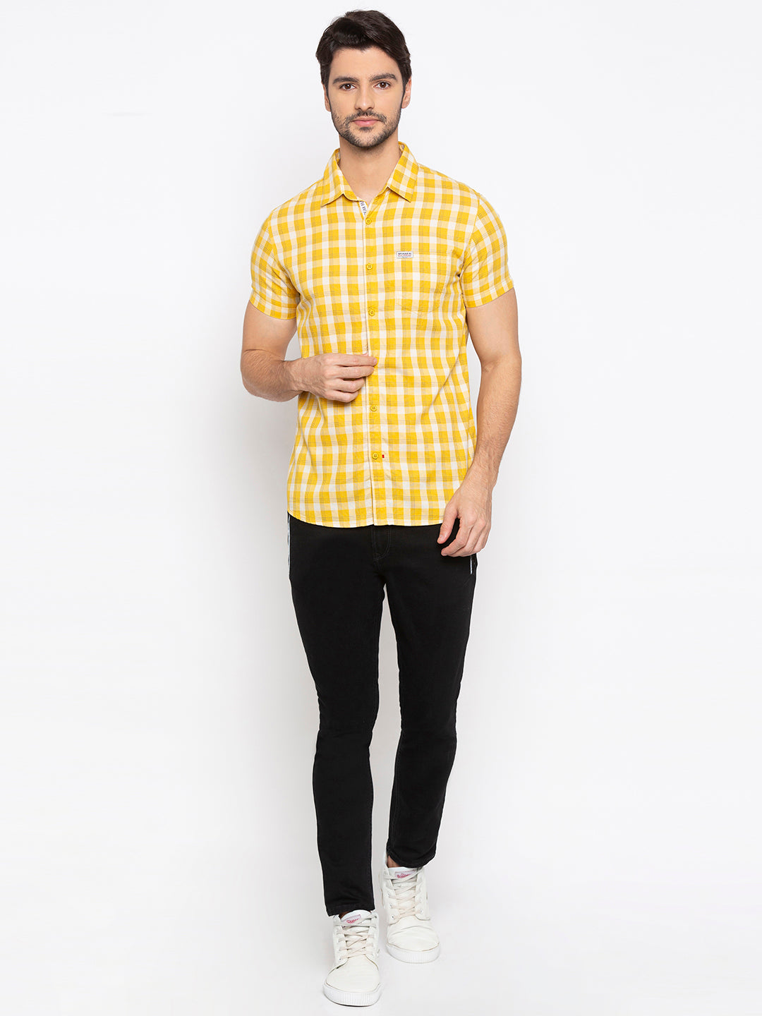 Spykar Men Yellow Checked Slim Fit Casual Shirt