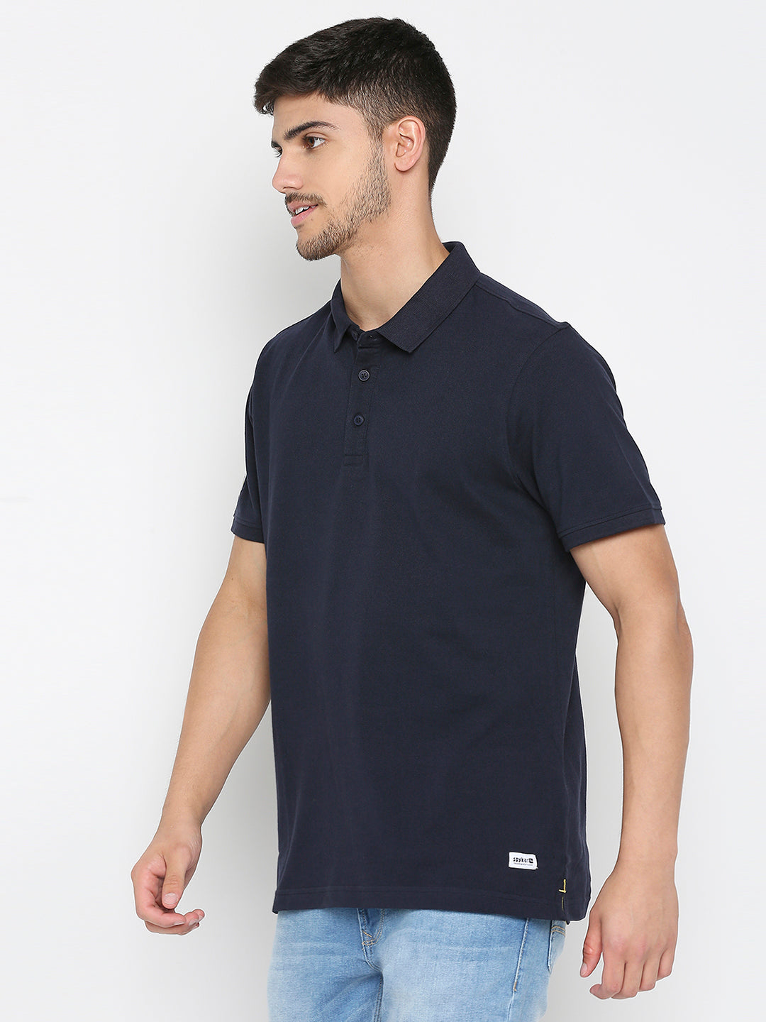 Spykar Ink Blue Cotton Half Sleeve Plain Polo T-Shirt For Men