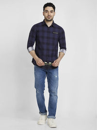 Spykar Men Indigo Blue Cotton Regular Slim Fit Full Sleeve Checkered Shirt