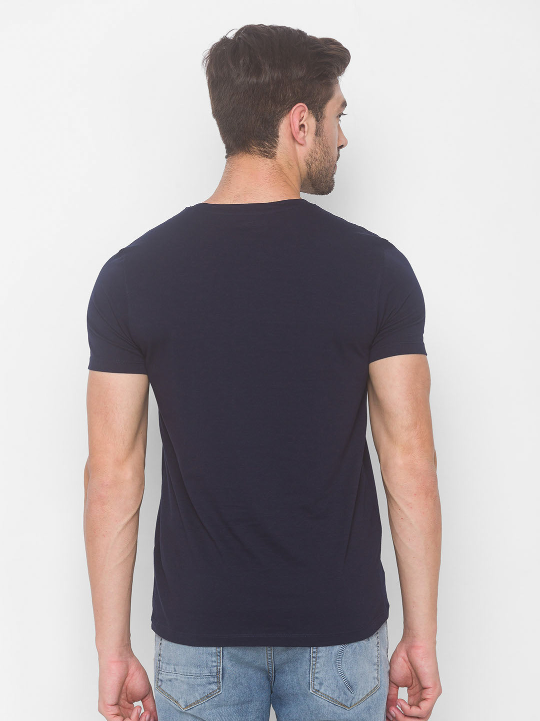 Spykar Men Blue Cotton Slim Fit Round Neck T-Shirt