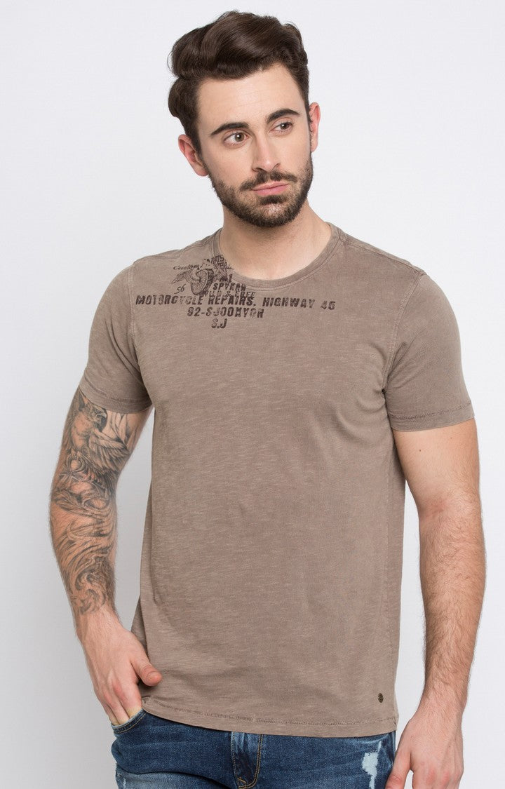 Spykar Brown Printed Men T-Shirts