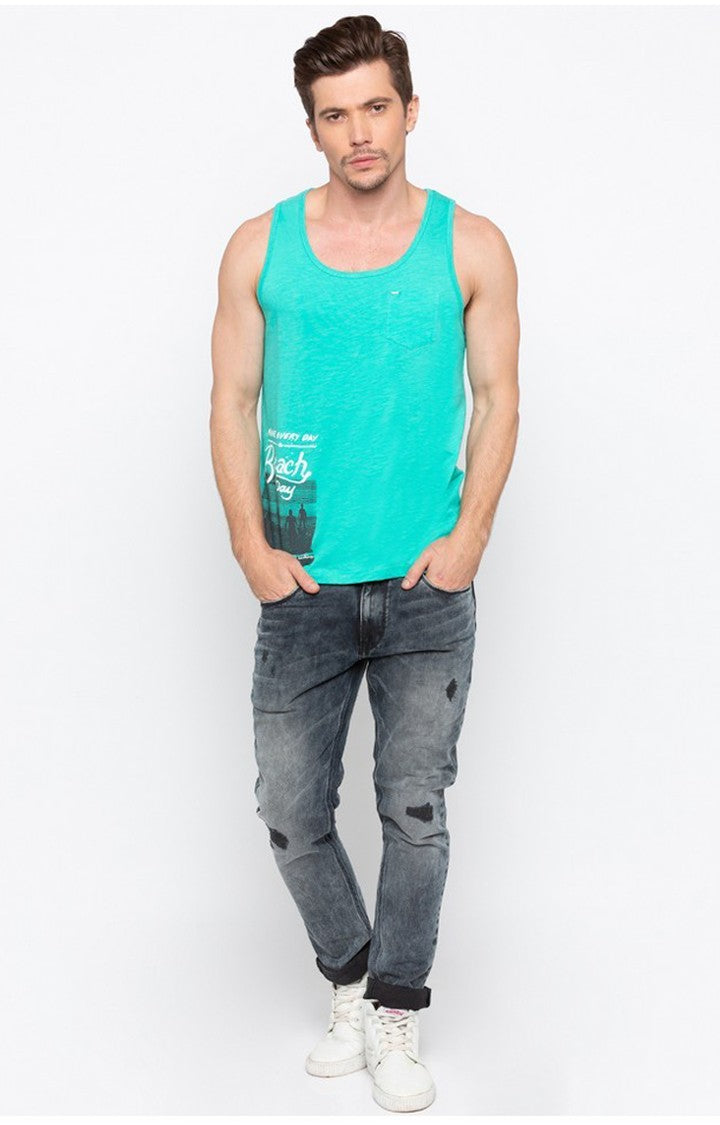 Spykar Bright Aqua Printed Slim Fit Men T-Shirts