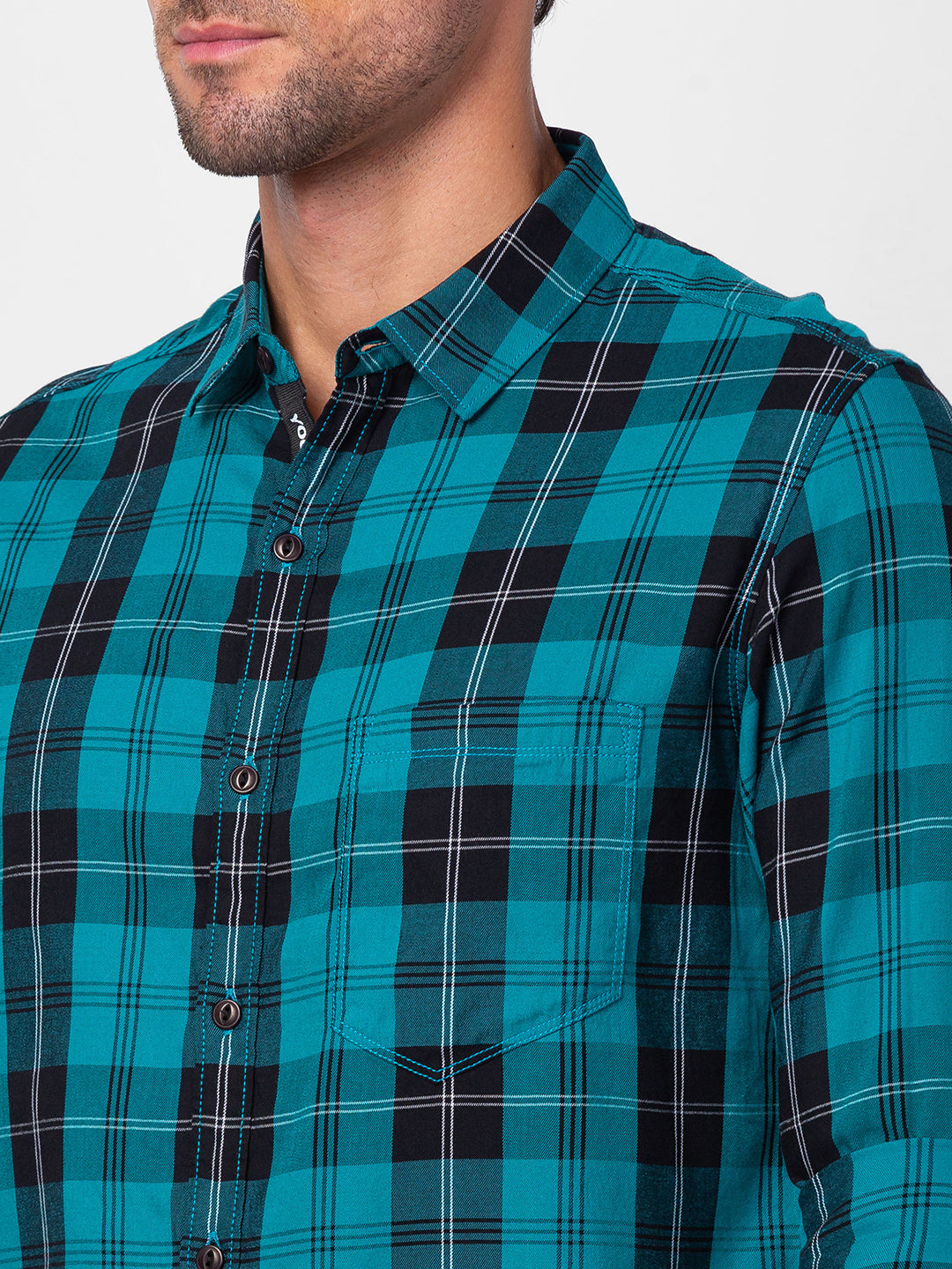 Spykar Men Sporty Green Cotton Slim Fit Checkered Shirt