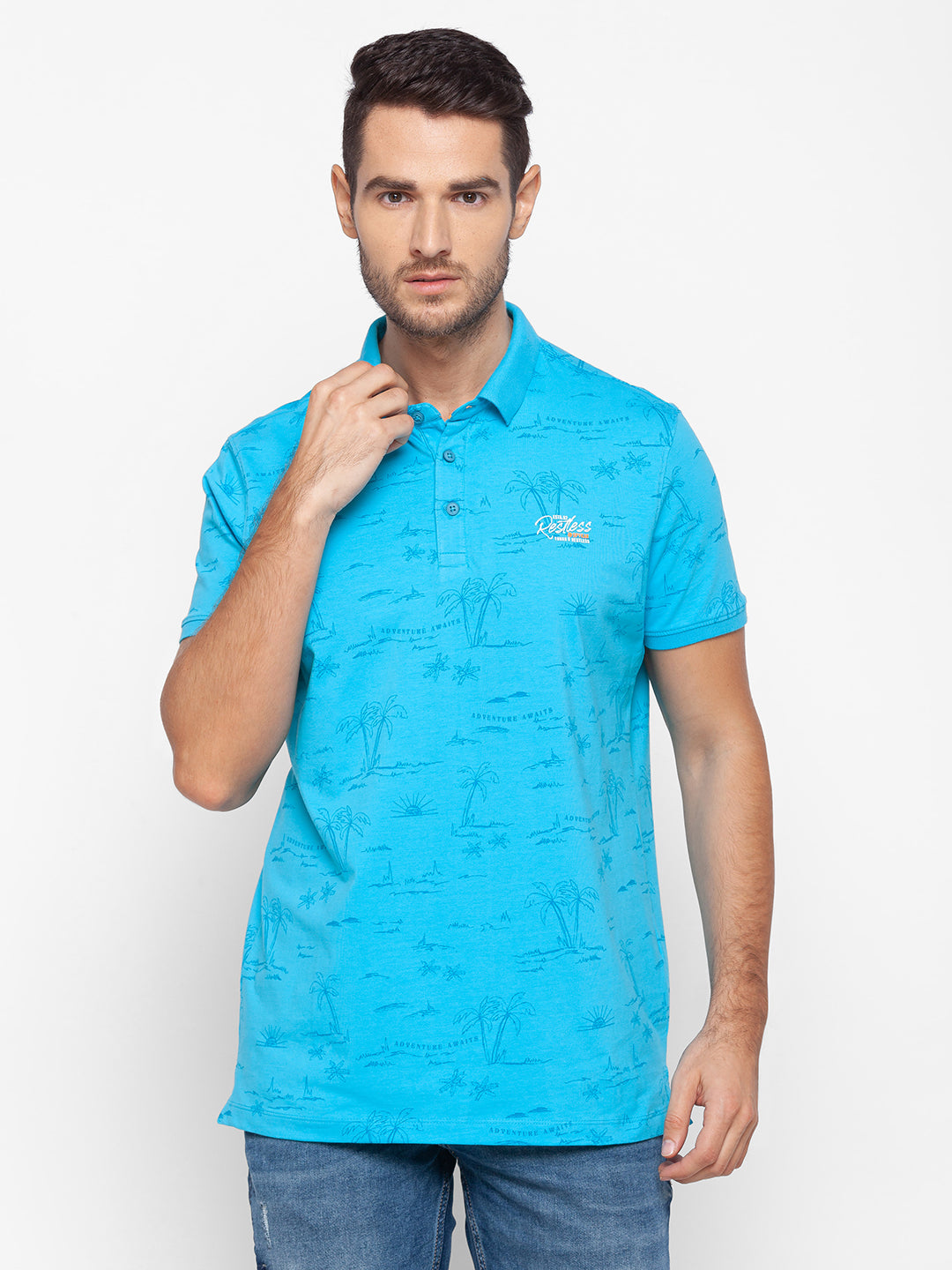 Spykar Men Blue Cotton Slim Fit Polo T-Shirt