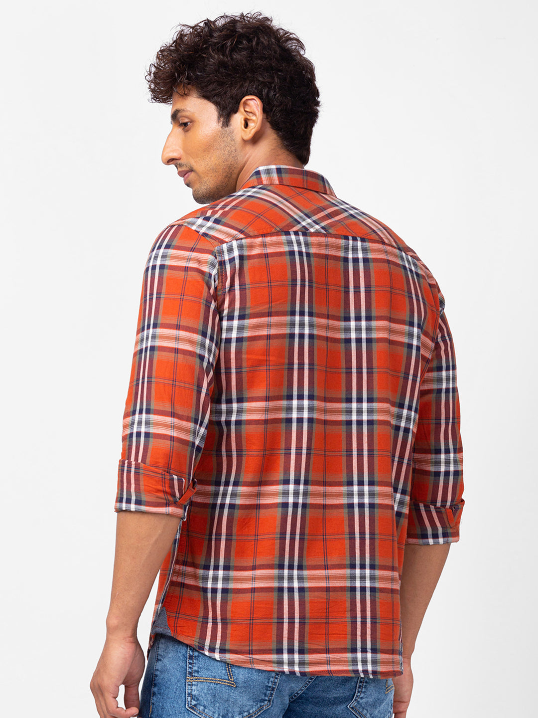 Spykar Men Rust Cotton Regular Fit Checkered Shirts