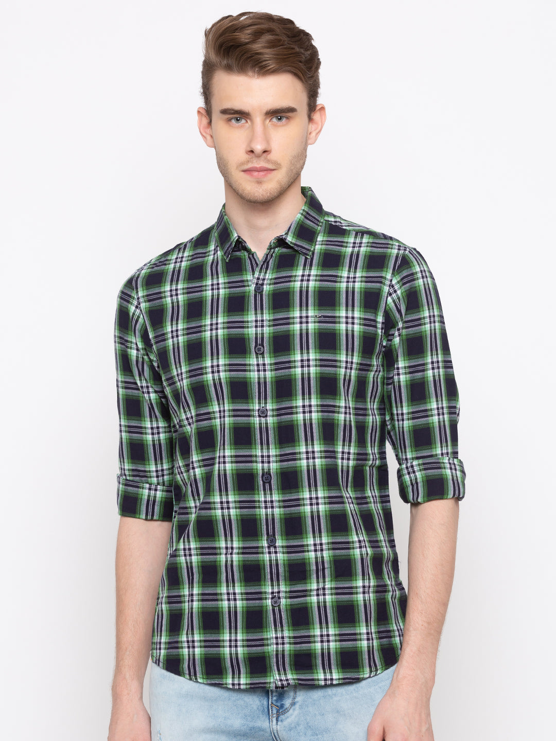 Spykar Men Blue & Green Checked Slim Fit Casual Shirt