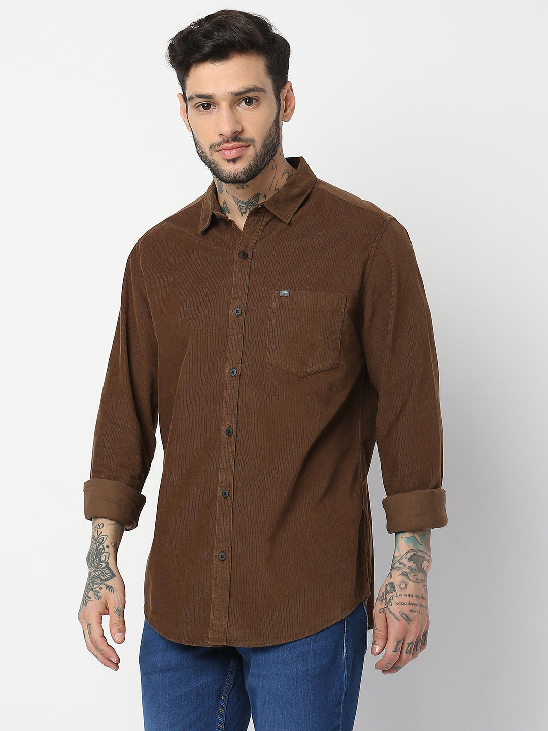 Spykar Men Mud Brown Cotton Slim Fit Plain Shirts