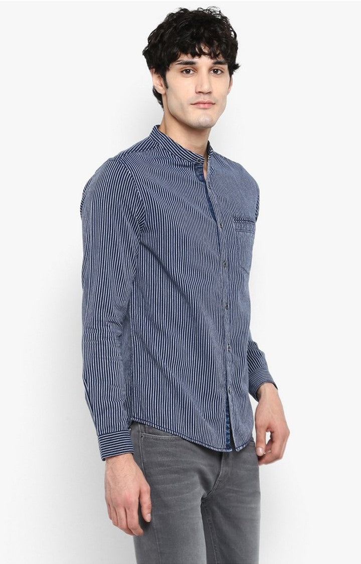 Spykar Men'S Blue Cotton Striped Casual Shirts