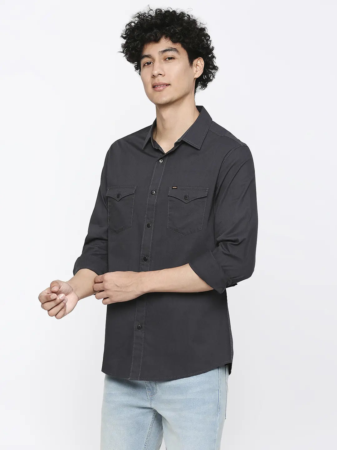 Spykar Men Charcoal Grey Cotton Slim Fit Plain Shirt