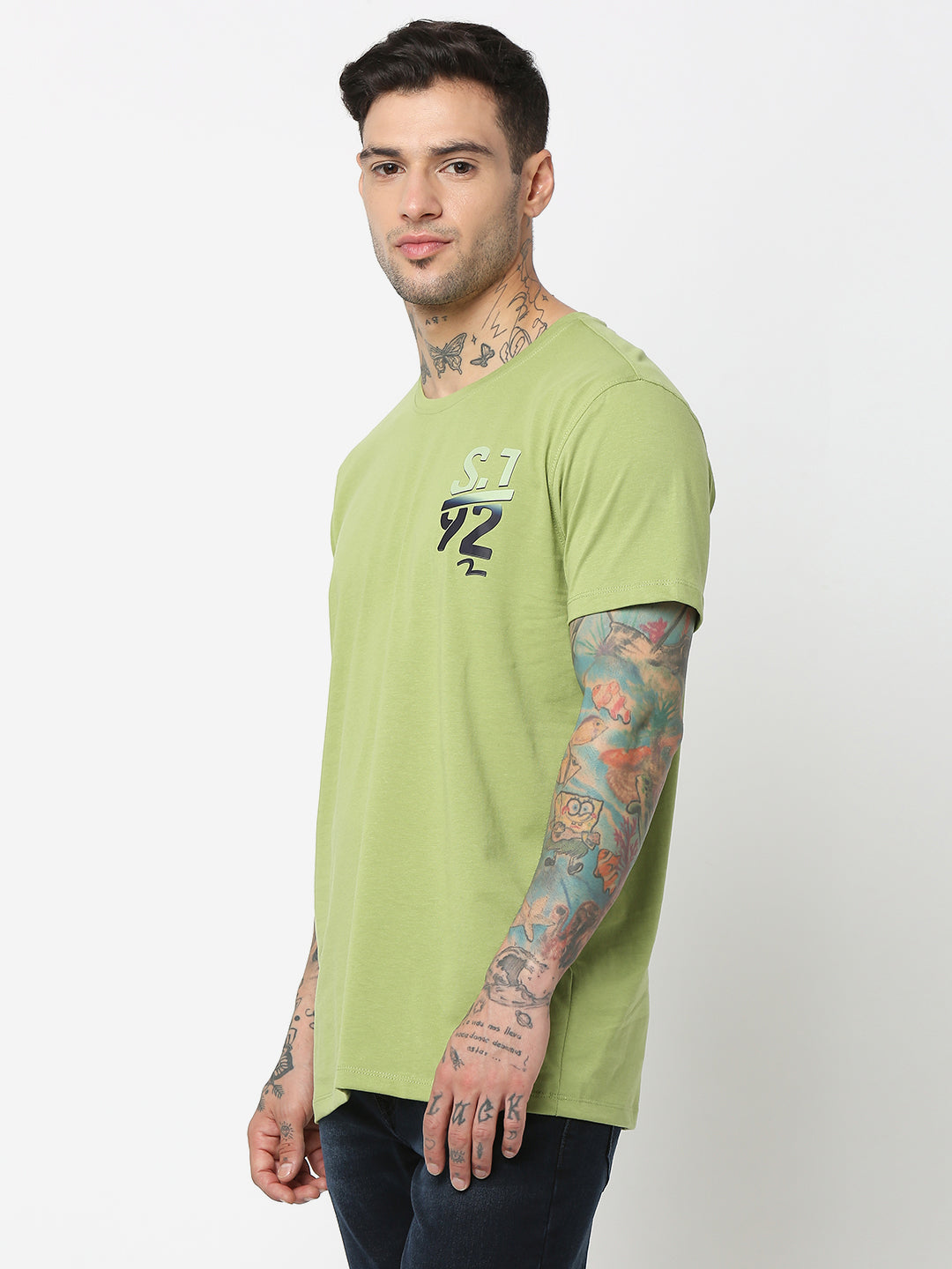 Spykar Men Dusty Green Cotton Slim Fit Round Neck Plain T-Shirt