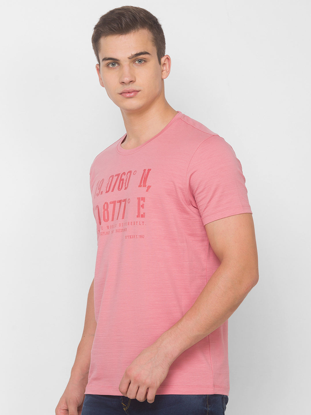 Spykar Men Pink Cotton Slim Fit Round Neck T-Shirt