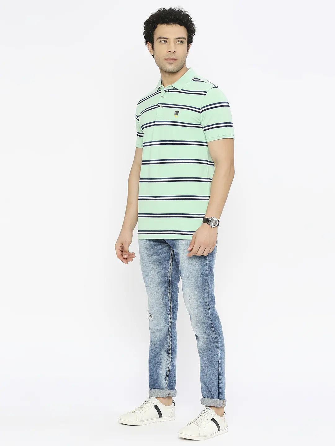 Spykar Men Dusty Ice Green Blended Regular Fit Half Sleeve Striped Polo Tshirt