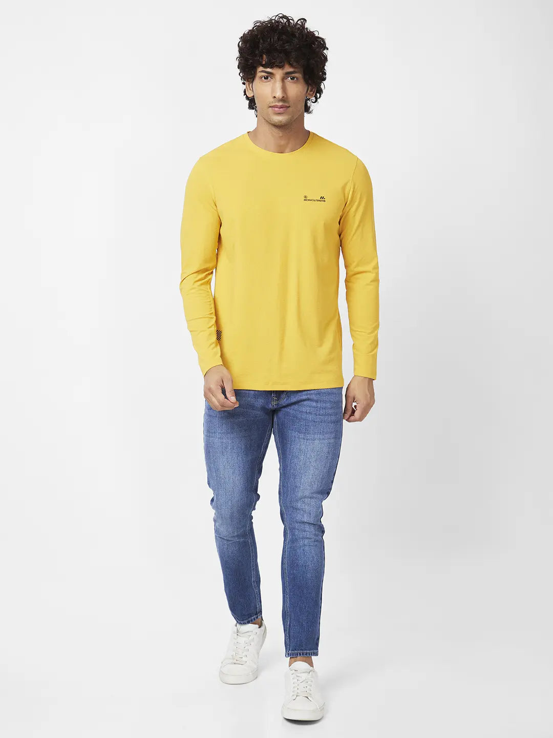 Spykar Men Mustard Yellow Blended Slim Fit Full Sleeve Round Neck Plain Tshirt
