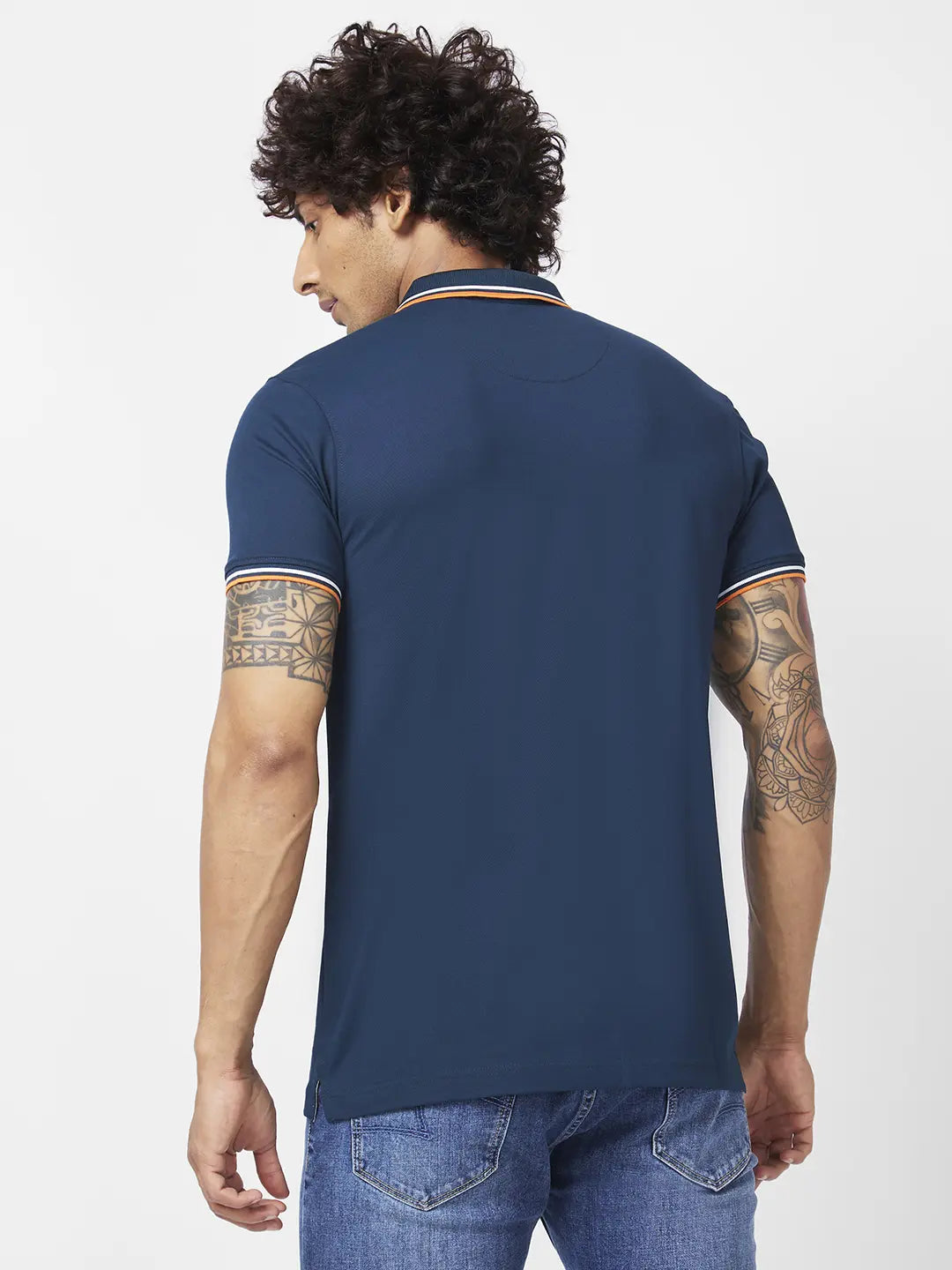 Spykar Men Teal Blue Blended Slim Fit Half Sleeve Polo Neck Plain Tshirt