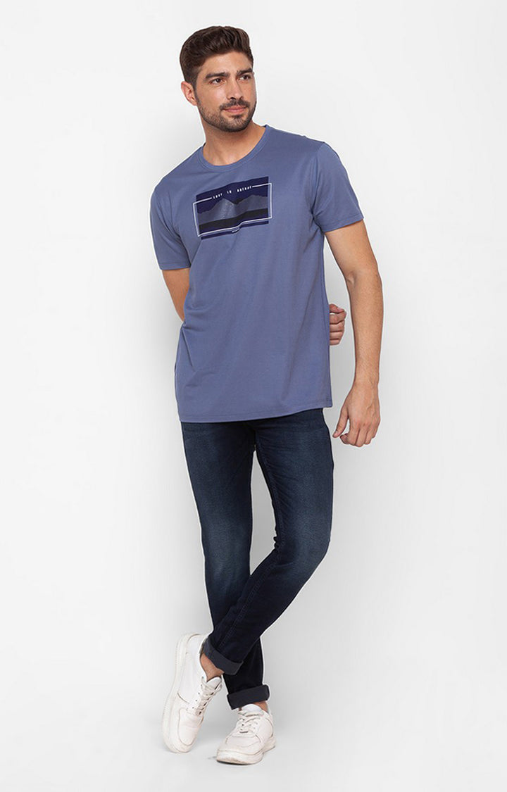 Spykar Smoke Blue Cotton Half Sleeve Printed Casual T-Shirt For Men