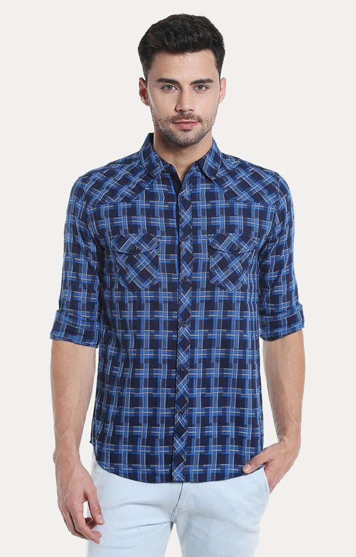 Spykar Men'S Blue Cotton Checked Casual Shirts