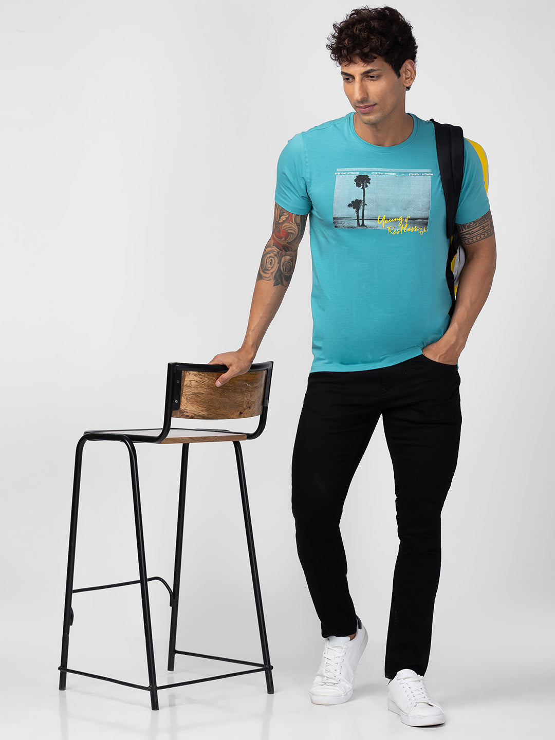 Spykar Men Dusty Turquoise Cotton Regular Fit Half Sleeve Printed T-Shirt