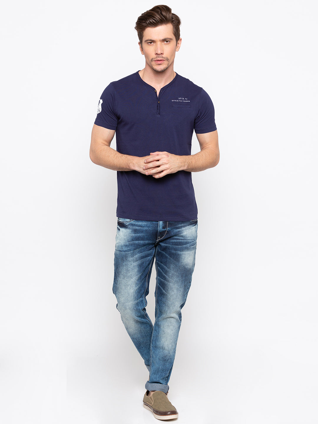 Spykar Men Blue Cotton Printed Half Sleeve T-Shirt