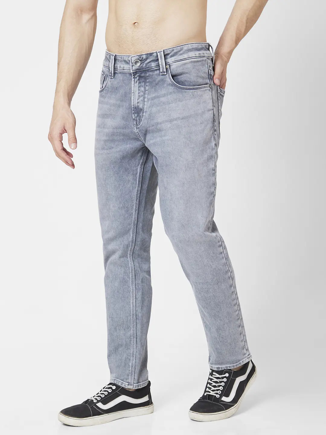Spykar Men Light Grey Cotton Stretch Slim Fit Narrow Length Clean Look Low Rise Jeans (Skinny)