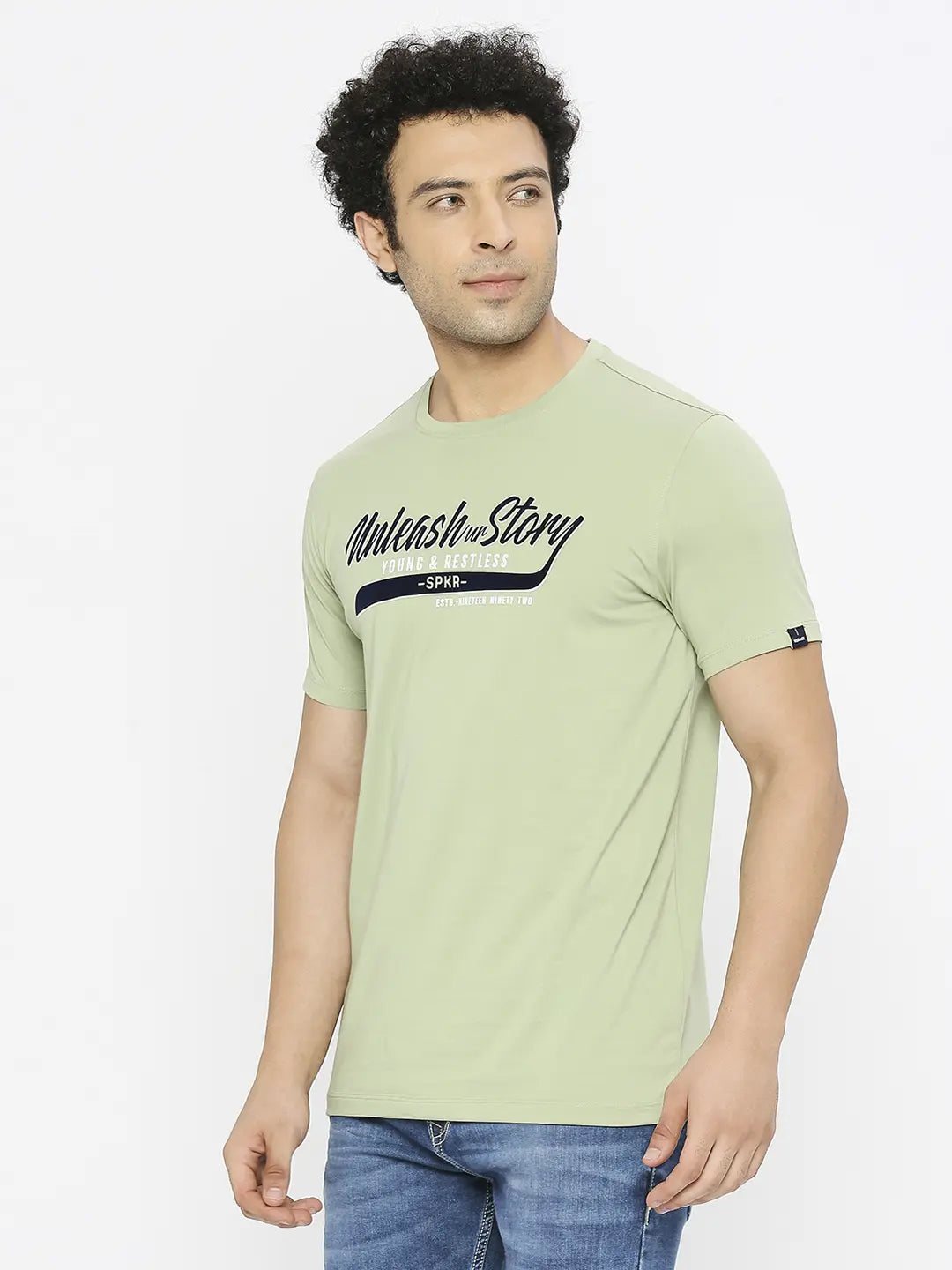 Spykar Men Dusty Green Blended Regular Fit Half Sleeve Printed Round Neck Tshirt