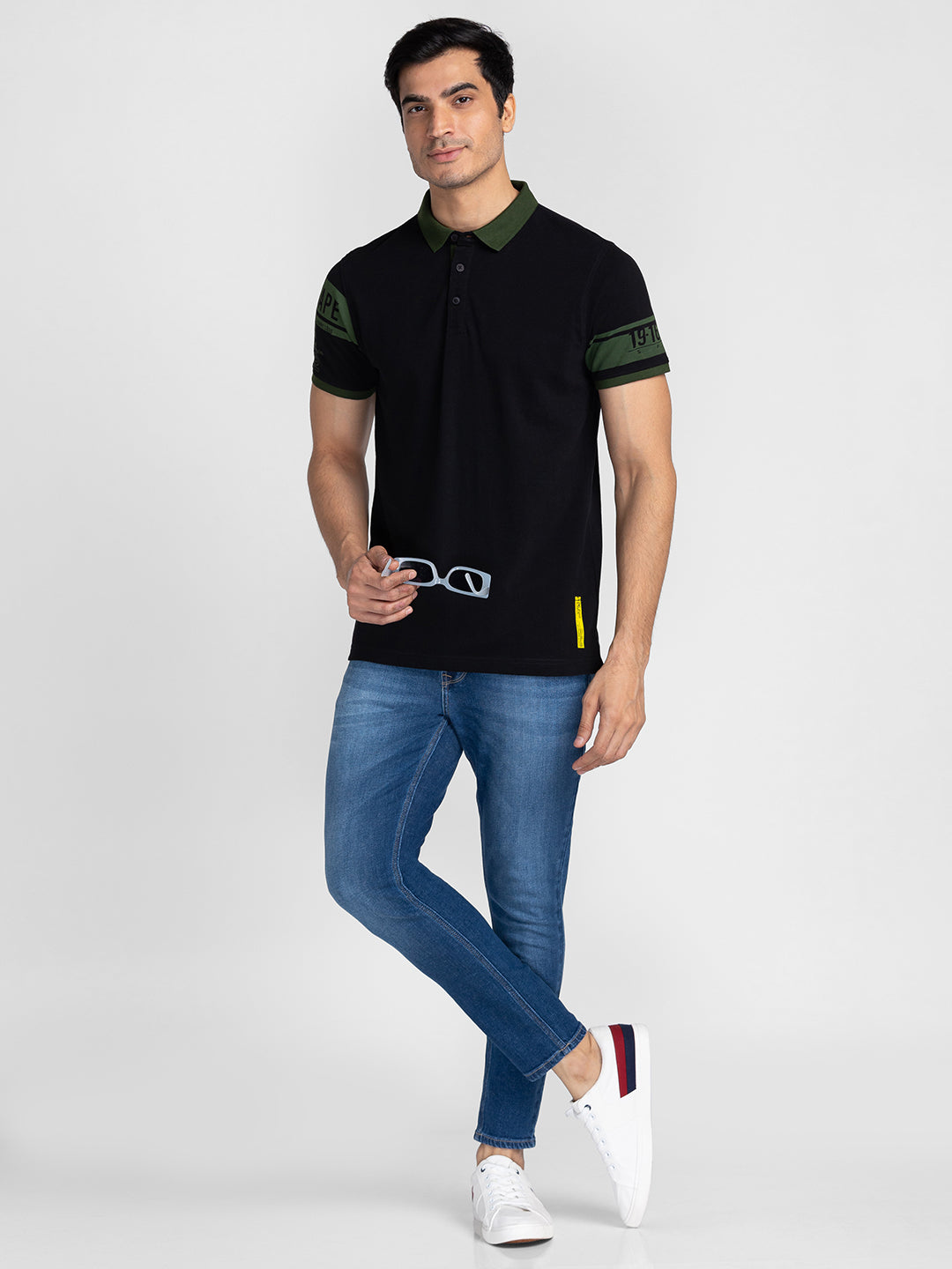 Spykar Men Black Cotton Slim Fit Polo Printed T-Shirt