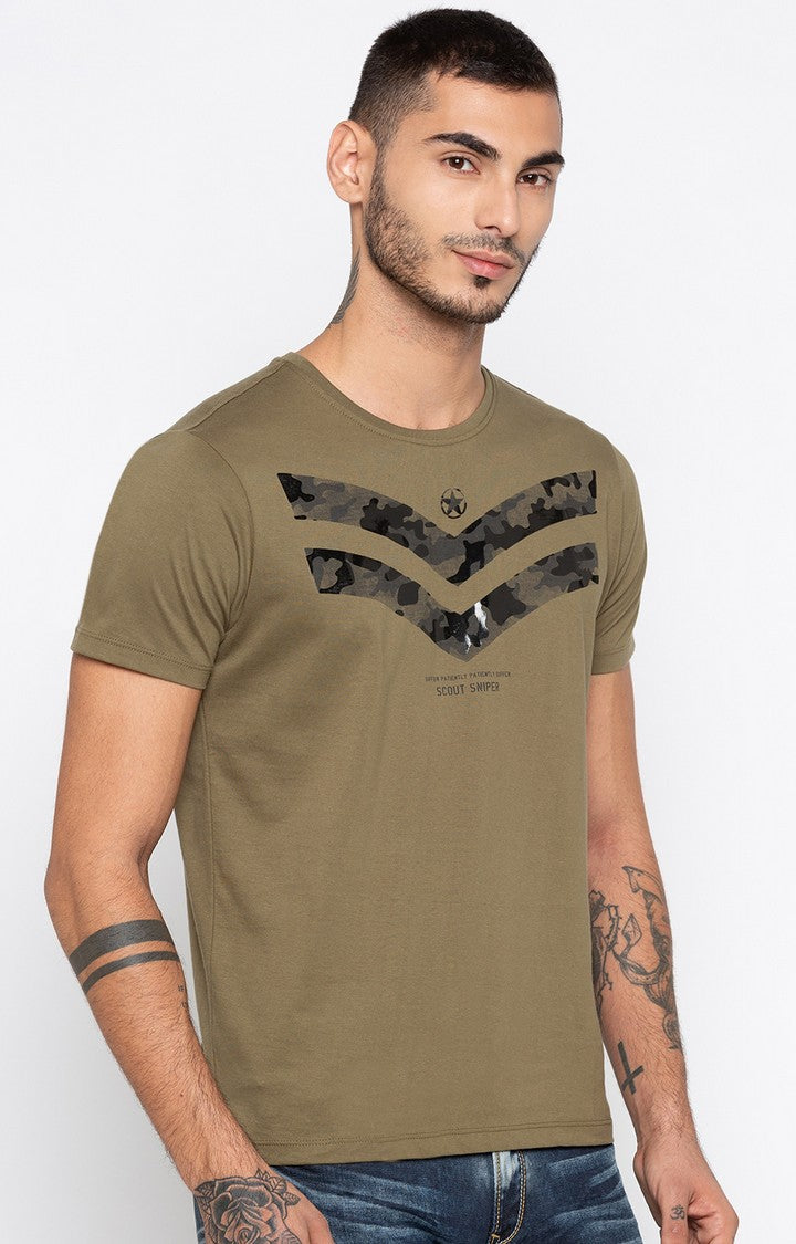 Spykar Olive Printed Slim Fit Men T-Shirts