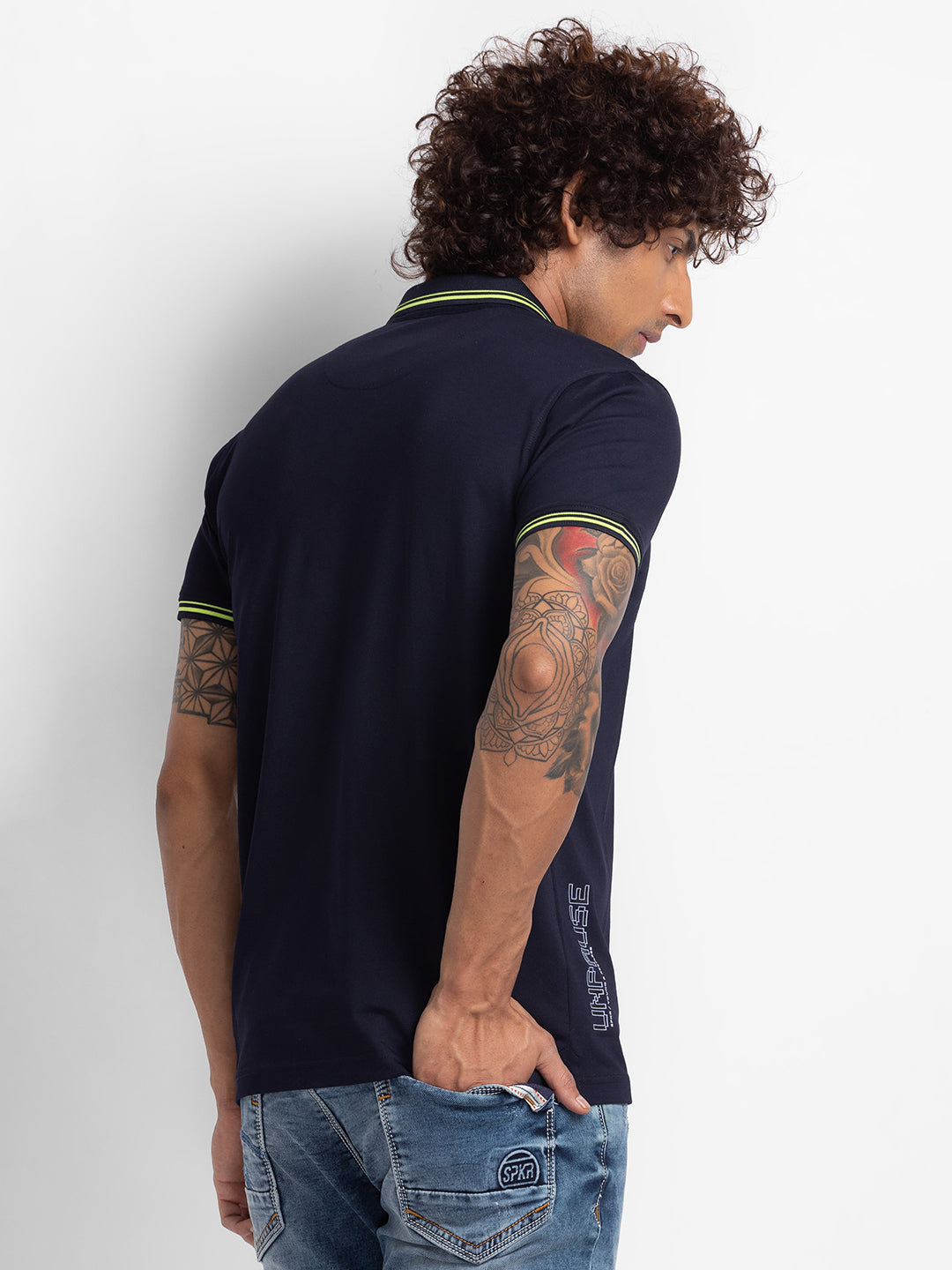 Spykar Navy Blue Cotton Half Sleeve Plain Polo T-Shirt For Men
