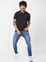 Spykar Men Black Blended Slim Fit Half Sleeve Polo Neck Plain Tshirt