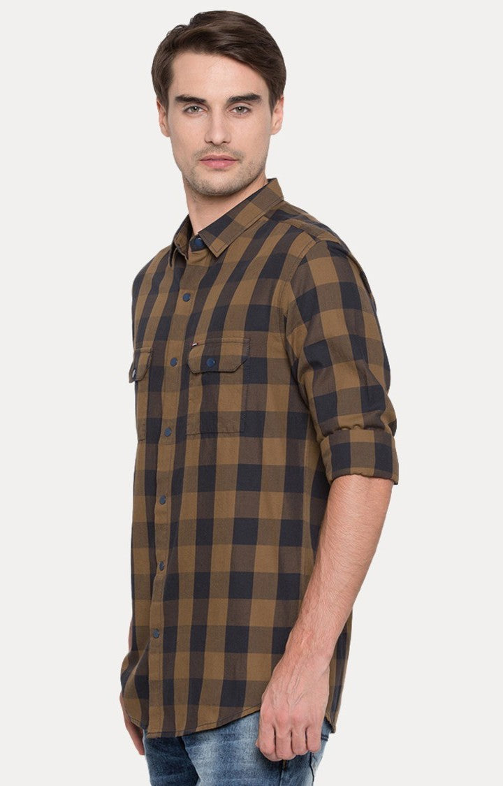 Spykar Men'S Brown Cotton Checked Casual Shirts