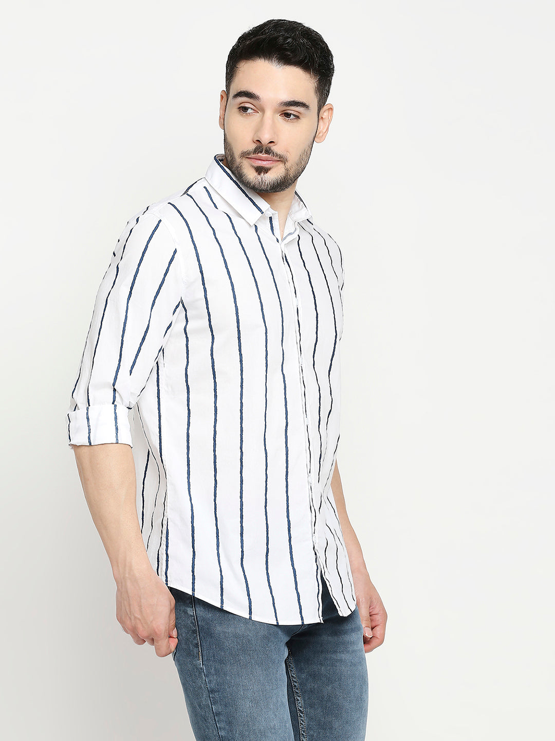 Spykar White Cotton Full Sleeve Striped Shirt For Men