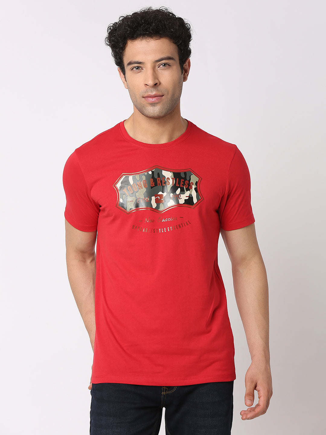 Spykar Men Red Cotton Slim Fit Round Neck Printed T-Shirt