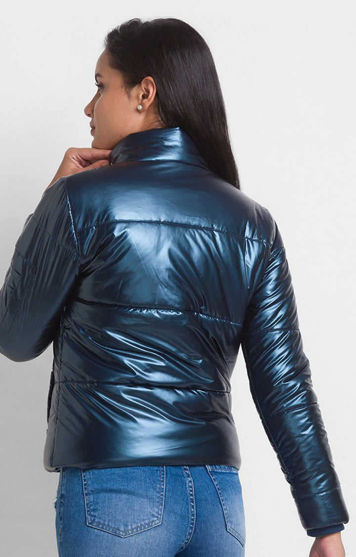 Spykar Metallic Blue Nylon Full Sleeve Casual Jacket For Women