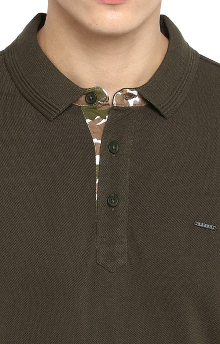 Spykar Olive Solid Slim Fit Polos T-Shirt