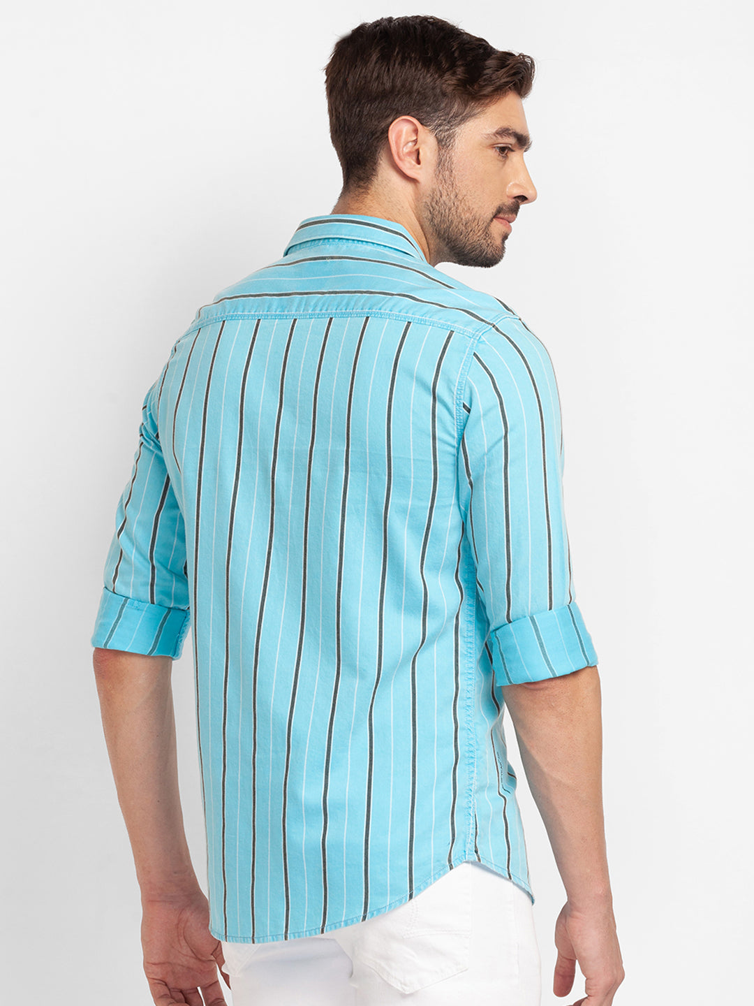 Spykar Aqua Blue Cotton Full Sleeve Stripes Shirt For Men