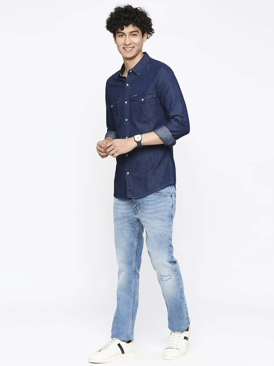 Spykar Men Mid Blue Cotton Slim Fit Denim Shirt