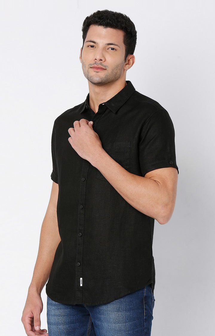 Spykar Men Jet Black Cotton Full Sleeve Plain Shirt